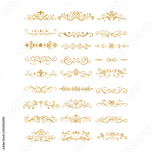 Gold text dividers doodle set. Wedding decorative elements. Divider ornament, borders, floral, vintage line separators. Hand drawn vector illustration isolated on white background. Set page dividers.
