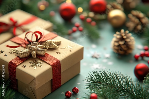 Festive 3D Christmas gift box composition on holiday background, modern mock up design