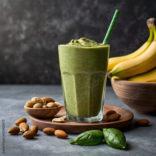 Green smoothie in glass with banana and almond butter served with bowl of nuts