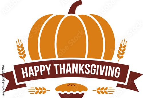 Simple thanksgiving pumpkin badge with ribbon and wheat vector for autumn party or seasonal celebration design  