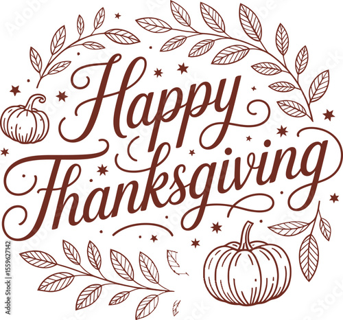 Thanksgiving line art style with elegant pumpkin and floral leaf frame vector for print and decor artwork  