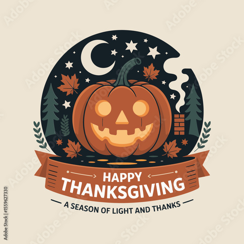 Thanksgiving jack-o-lantern pumpkin with moon and background forest vector for mystical autumn celebration card