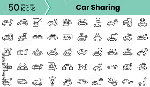 A collection of 50 linear icons representing car sharing concepts including vehicles, rental services, and charging stations, in a modern, minimalist style.