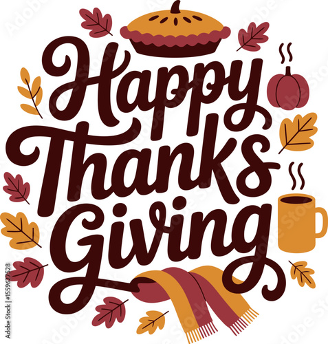 Minimalist thanksgiving calligraphy with pie leaf and coffee icon for modern seasonal greeting or post  