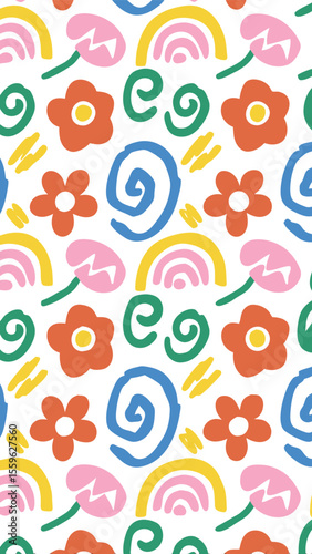 Playful Floral Delight: A vibrant pattern of cheerful flowers, whimsical rainbows, and spiraling designs brings a burst of joy and energy.  A cheerful, vibrant and lovely style!