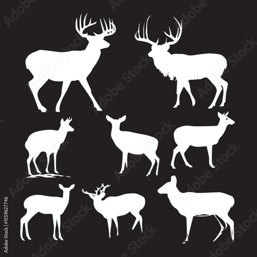 whitetail buck silhouette set, Black & White silhouette set