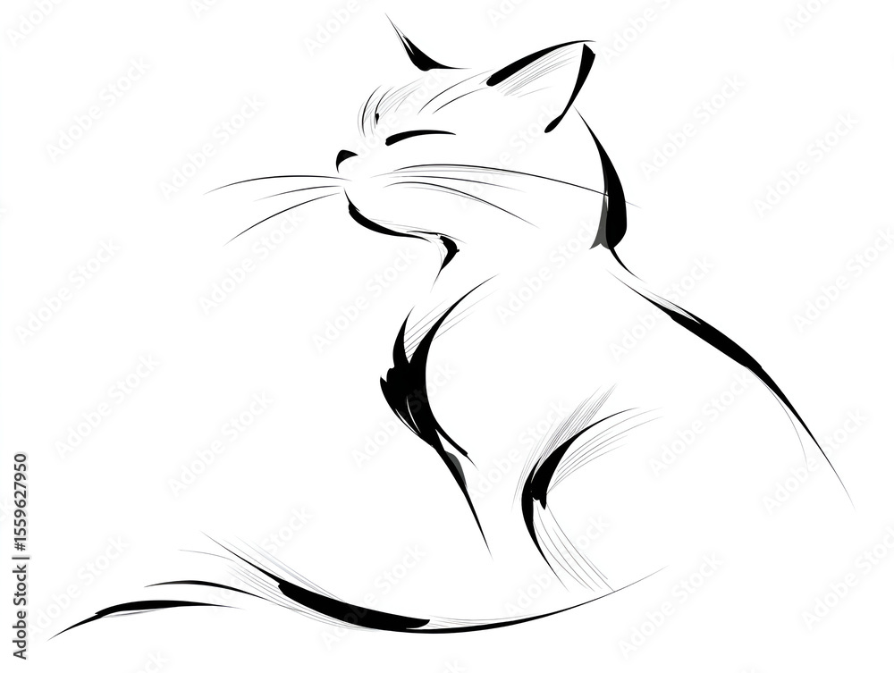 Obraz premium Stylized cat illustration with closed eyes in black and white design