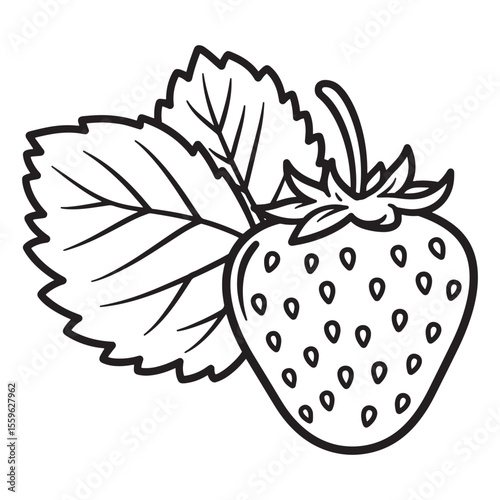 Simple black and white illustration of a fresh strawberry with leaves for design