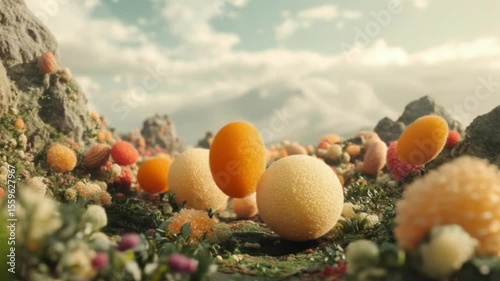 Surreal landscape with floating orbs and textured terrain, otherworldly