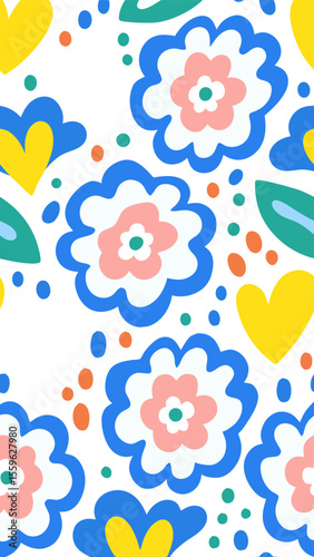 Floral Flourish: An exuberant pattern featuring vibrant stylized flowers, hearts, and leaves dances across the composition, radiating cheerfulness and spring's awakening. 