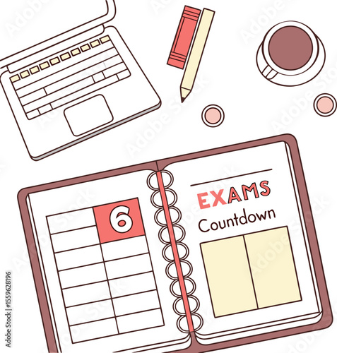Overhead view of a desk with a laptop notebook pencil eraser and coffee cup symbolizing exam preparation and countdown