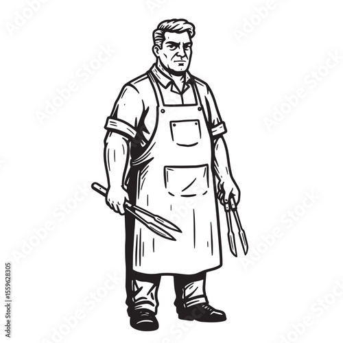 Vector illustration of a butcher holding tongs and wearing an apron for culinary designs