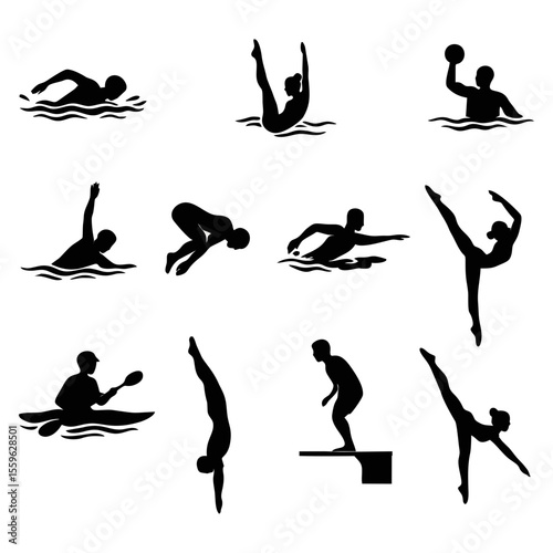 Silhouettes of diverse aquatic and gymnastic sports figures.