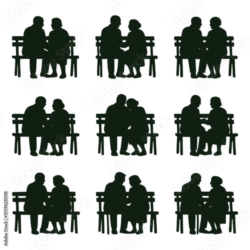 Silhouettes of elderly couples sitting on benches, depicting companionship and togetherness in their later years.