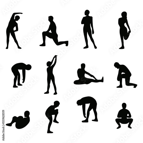 Silhouetted figures demonstrating various stretching and exercise poses, illustrating fitness.