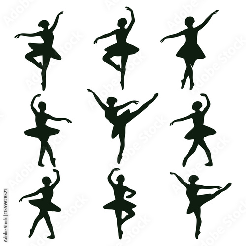 Nine silhouettes of ballerinas in various graceful poses, showcasing different ballet positions and movements.