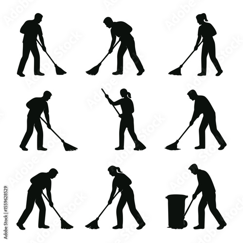 Silhouette illustration of people sweeping and cleaning.