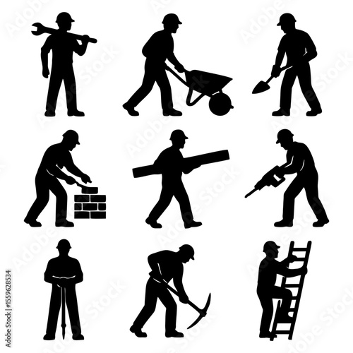 Silhouettes of construction workers performing various tasks, including bricklaying, digging, and using tools.