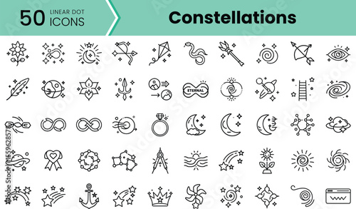 A collection of 50 linear dot icons representing various constellations and celestial symbols, designed with a minimalist aesthetic to enhance modern designs.
