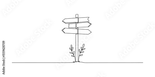 A singleline drawing of a signpost with three arrows, isolated on white background