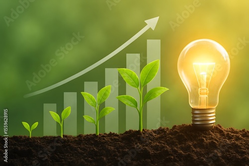 Light Bulb with Growing Plants and Rising Graph – Eco Innovation, Business Growth, and Sustainability Concept

