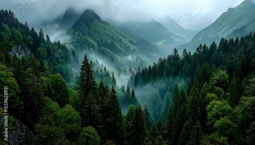 Misty Forest and Mountain Landscape – Atmospheric Nature, Wilderness, and Environmental Concept

