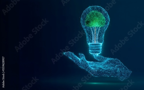 Digital Hand Holding Light Bulb with Green Tree – Sustainability, Eco Innovation, and Technology Concept

