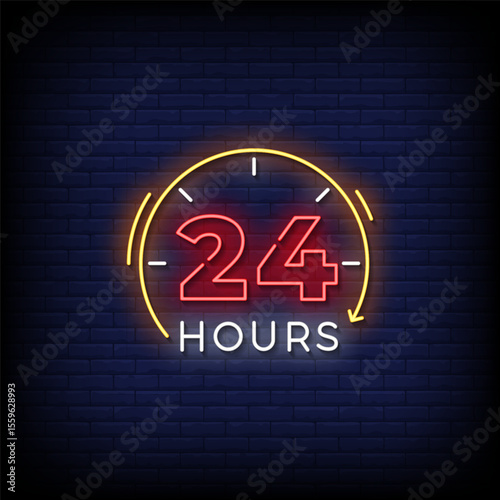 24 hours neon sign with brick wall background vector