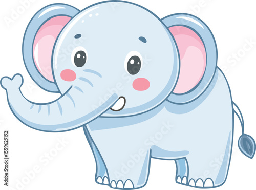 Cute cartoon elephant with big ears, pink cheeks, and a friendly expression, waving its trunk.