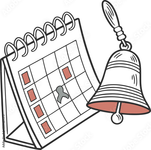 A hand drawn illustration of a desk calendar with marked dates and a ringing bell symbolizing important events and reminders