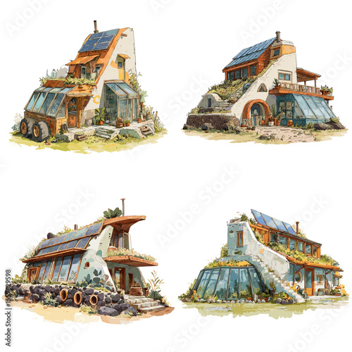 Eco-friendly Earthship home illustrations with solar panels, recycled materials, and passive design features for sustainable off-grid living.

