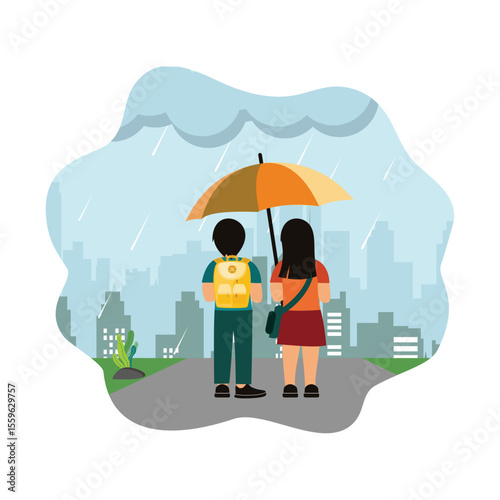Two students walking in the rain with umbrellas.