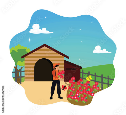 Young woman gardening and taking care of flowers in the backyard of the house.