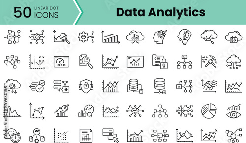 Collection of linear dot icons representing various aspects of data analytics, showcasing graphs, charts, and analytical tools in a clean, monochromatic design.