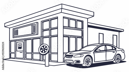 Modern building with car parked outside