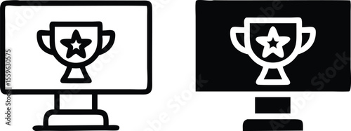 Online Trophy Icon – Digital Award on Monitor Symbol for Achievement, Success, and Competition