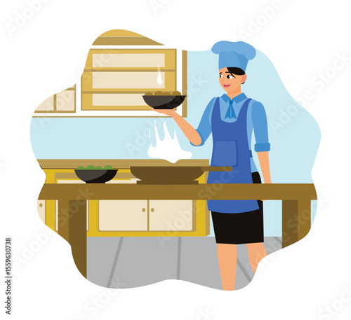 A woman cooks fresh food in the kitchen wearing an apron and chef's hat.