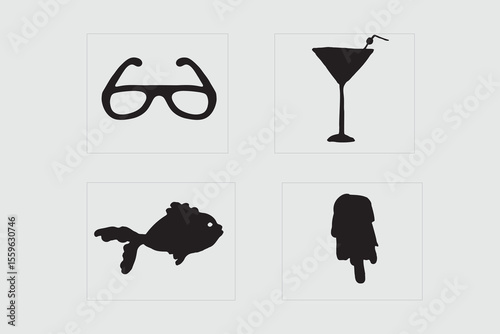 Four simple black silhouettes of everyday objects on a light background