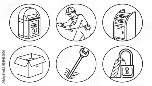Vector icons depicting service technician, maintenance tools, box, and locked package within circle frames for informational use