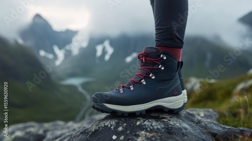 Hiking boot on a rocky outcrop, mountain vista