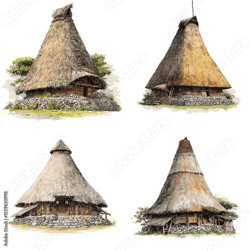 Traditional conical houses of Wae Rebo village in Flores, Indonesia, with high thatched roofs and stone bases, representing Manggarai indigenous culture.


