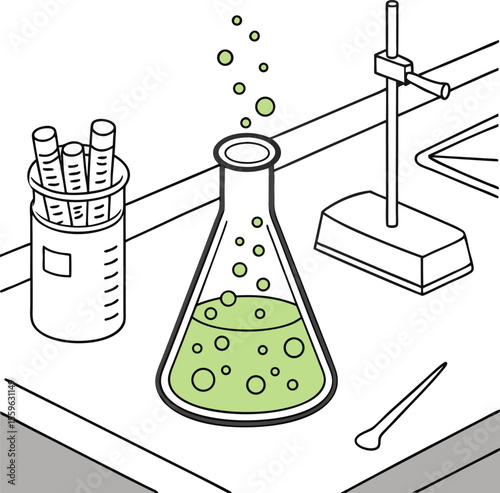A science laboratory bench features an erlenmeyer flask with bubbling green liquid and rising bubbles test tubes in a beaker and a retort stand