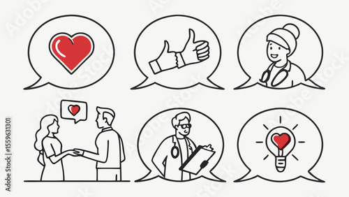 Speech bubbles with hearts, doctors, and positive gestures