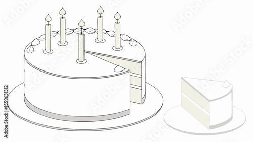 Birthday cake with candles and a slice