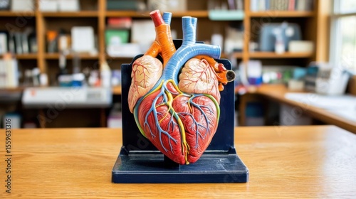 Realistic human heart model displayed in a study environment