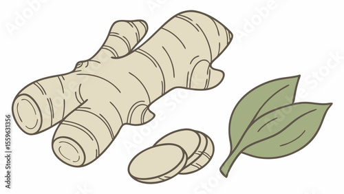 Ginger root, sliced, & leaves