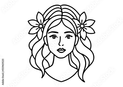 Stylized line art portrait of a beautiful woman with flowers in her wavy hair isolated on white background