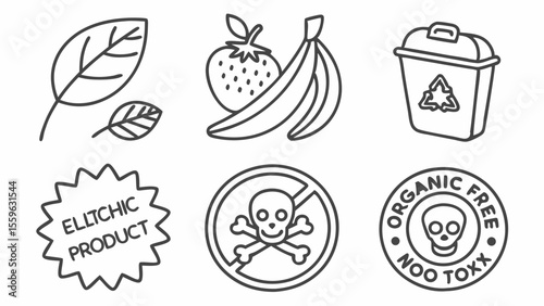Outlined icons of natural products and symbols promoting organic, non-toxic choices, ideal for healthy living concepts