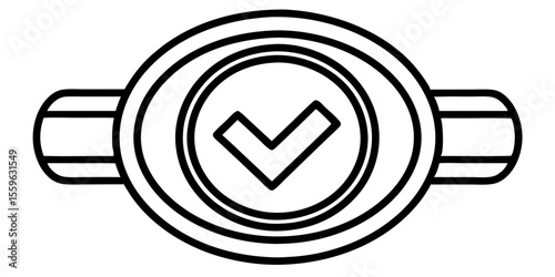 Simple black outline checkmark inside a circular badge with side grips isolated on white background