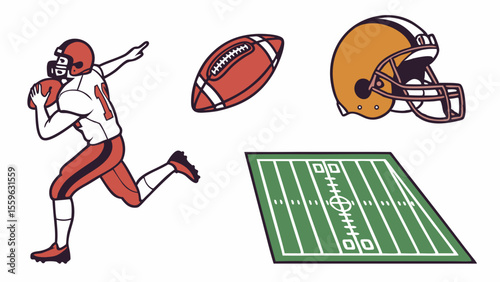 Football player running with ball, action, on field, alongside related sports equipment, for team or sports project usage